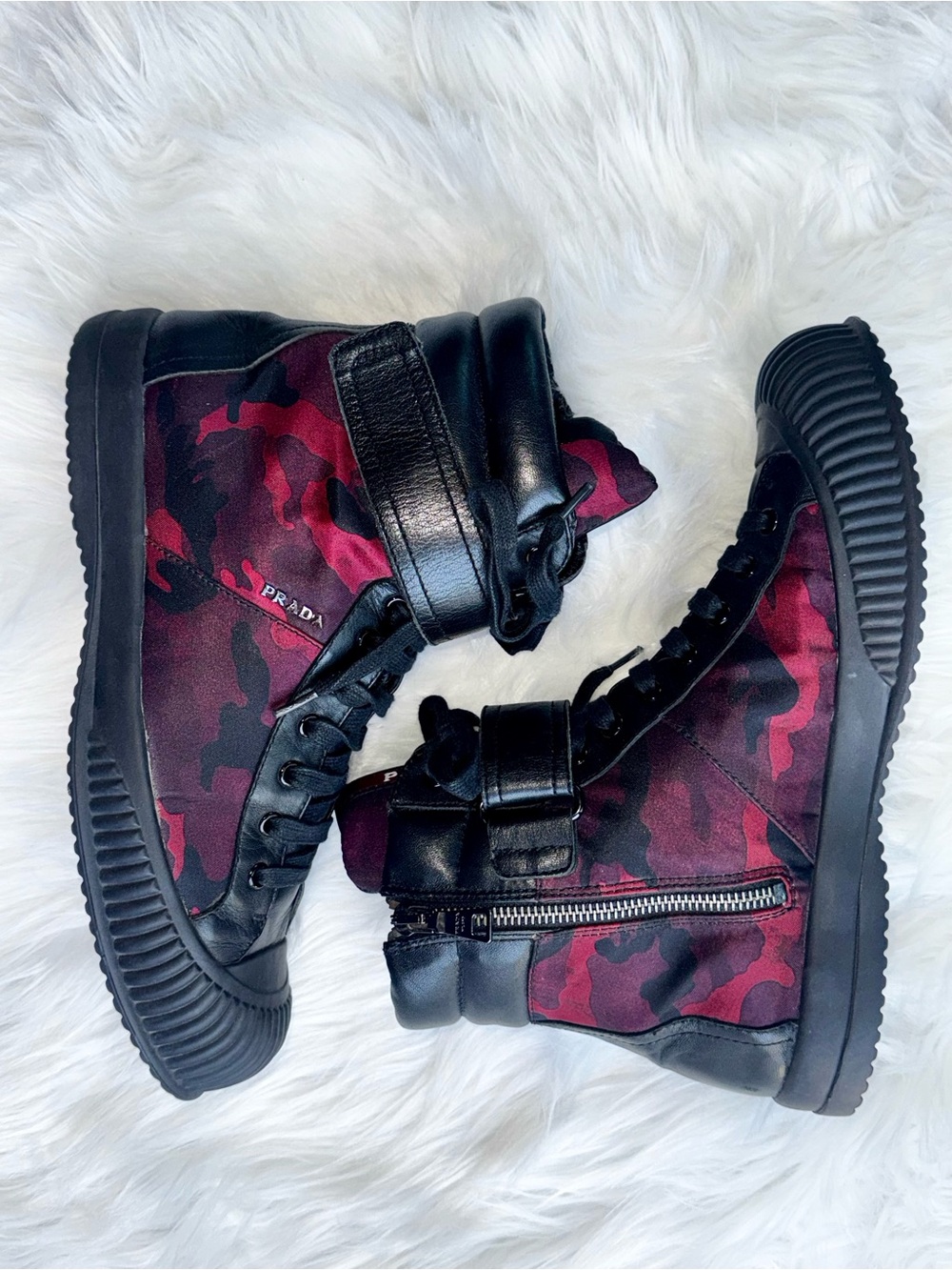 PRADA Women Black Leather Red Camo Textile Padded Collar Ankle Boots Sz 7.5 38